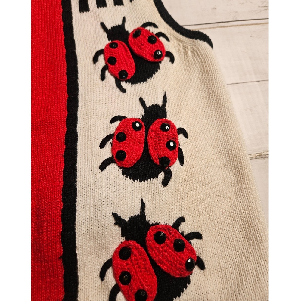 BellePointe Vintage Ladybug Knit Vest Red Cream Black Crochet Buttons Small - Picture 3 of 11